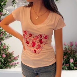 T-SHIRT CUORE CON UCCELLINI E STRASS