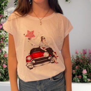 T-SHIRT MACCHINA ROSSA CON DONNA E STRASS